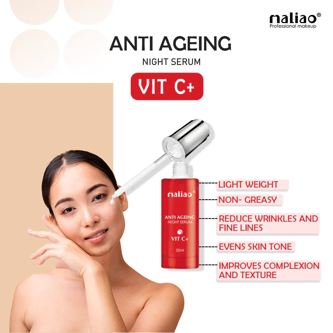 Maliao Skin Renewal And Brightening Anti Ageing Vit C+ Night Serum - 30ml - Buy Online in Pakistan at Cosmia.pk
