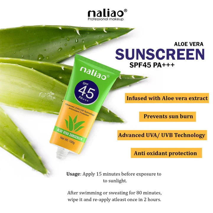 Maliao Aloe Vera Sunscreen SPF 45 PA+++ - 100g - Buy Online in Pakistan at Cosmia.pk