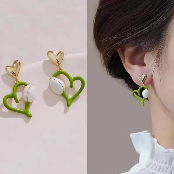 French White Flower Tulip Fruit Green Peach Heart Earring - Buy Online in Pakistan at Cosmia.pk
