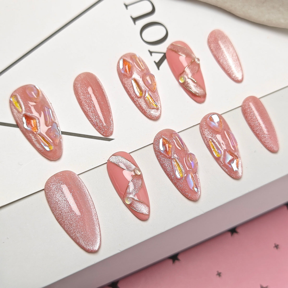 Romantic Myth Holographic Cat Eye Press-On Nails - Peach Sparkle - Buy Online in Pakistan