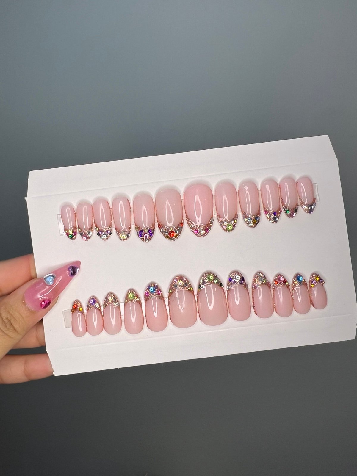 Luxury Press-On Nails Set - 12 Pcs - Pink French Crystal - Buy Online in Pakistan