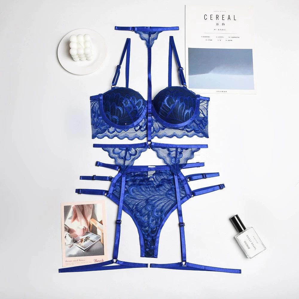 Cosmia.pk Lace Lingerie Set with Garters – Style 7090 - Blue / Large | Buy Online in Pakistan at Cosmia.pk