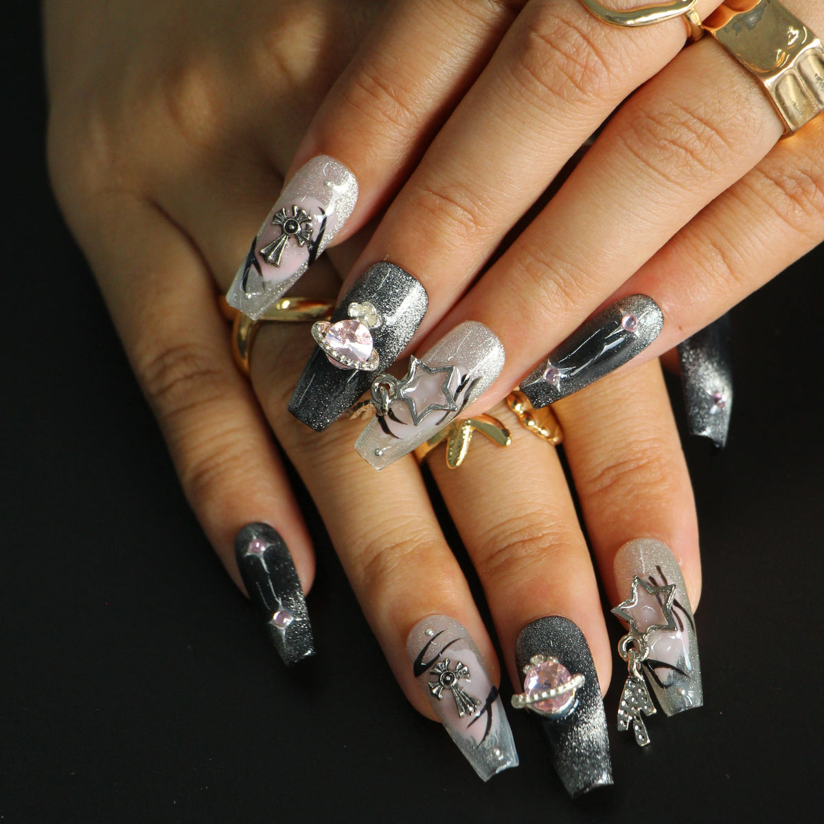 Pink Key Fancy Glittery Nails - Dark Grey shade variant product image