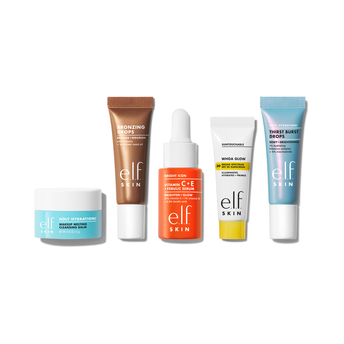 e.l.f. SKIN Best & Obsessed Skincare Kit five minis cleansing balm bronzing drops vitamin c serum whoa glow thirst burst drops - e.l.f. SKIN Best & Obsessed Skincare Kit - Buy Online in Pakistan at Cosmia.pk