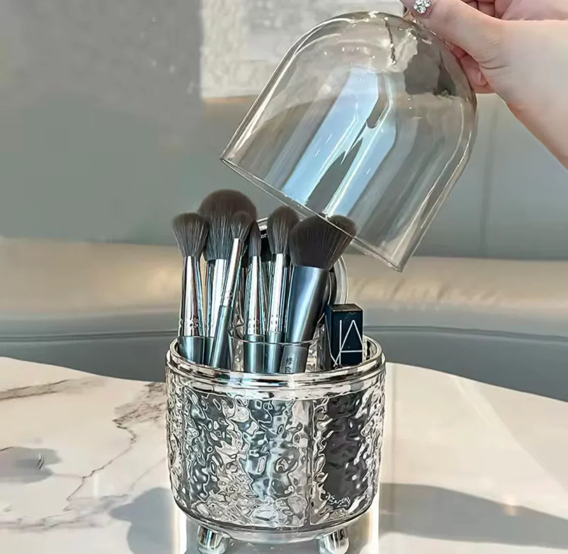 Luxury Silver Makeup Brush Storage Box With Cover - Buy Online in Pakistan at Cosmia.pk