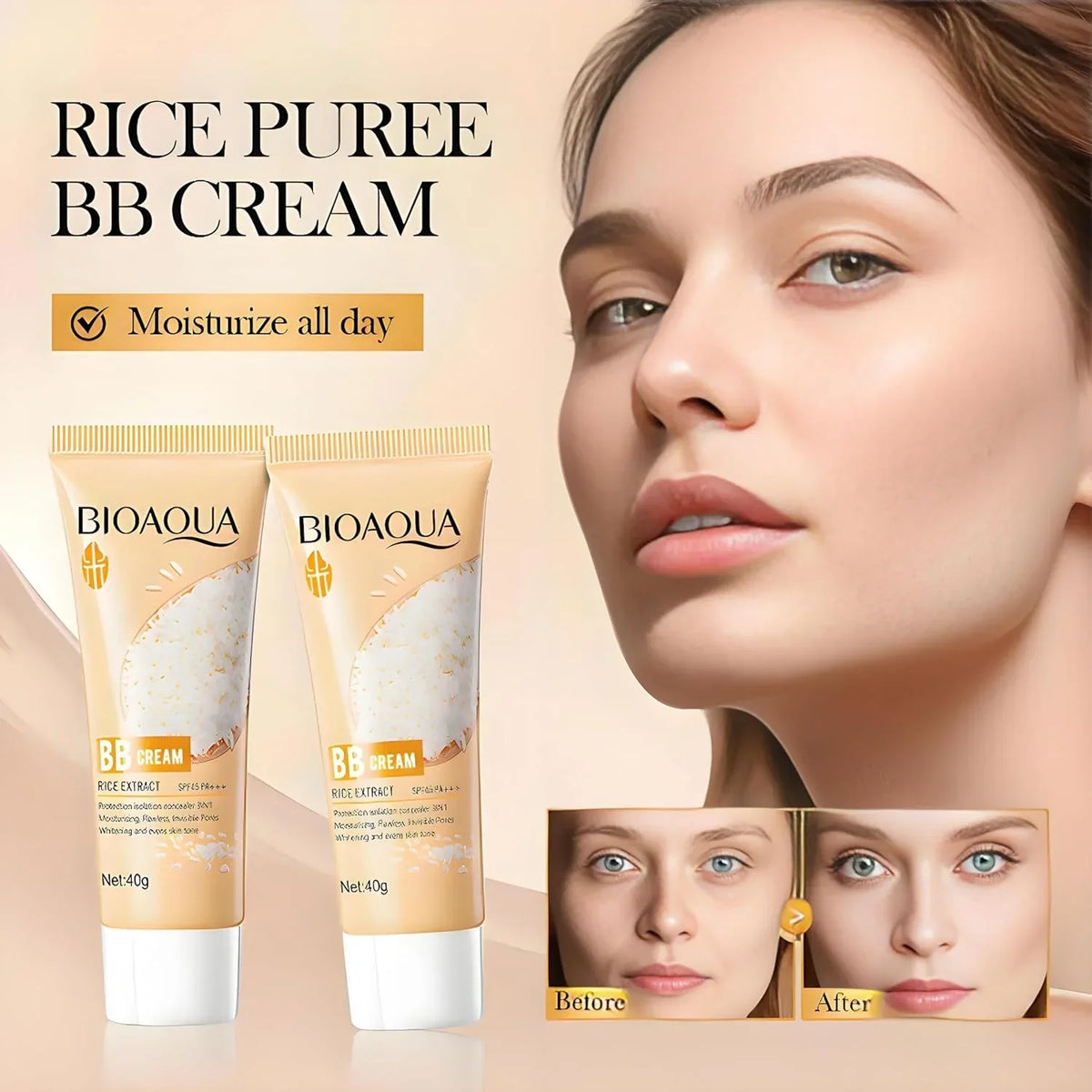 Bioaqua Rice Raw Pulp BB Cream Rice Extract SPF45 Pa+++  -  40g - Buy Online in Pakistan at Cosmia.pk