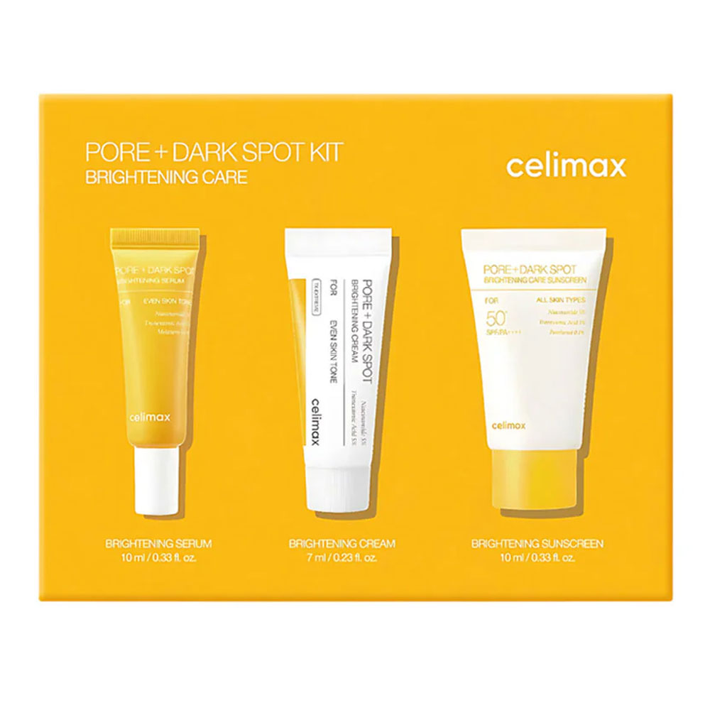Celimax Pore + Dark Spot Kit Brightening Care box front with serum 10ml cream 7ml sunscreen 10ml - Celimax Pore + Dark Spot Brightening Care Kit - Buy Online in Pakistan at Cosmia.pk