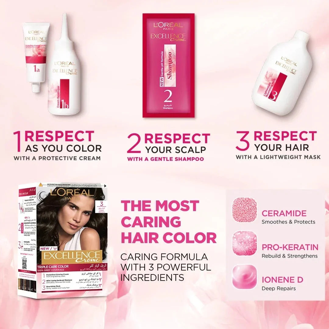 LOreal Excellence Creme 3 Natural Darkest Brown - Buy Online in Pakistan at Cosmia.pk
