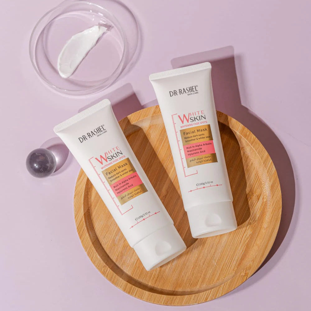 Dr Rashel Whitening Fade Spots Facial Mask tubes with texture swatch