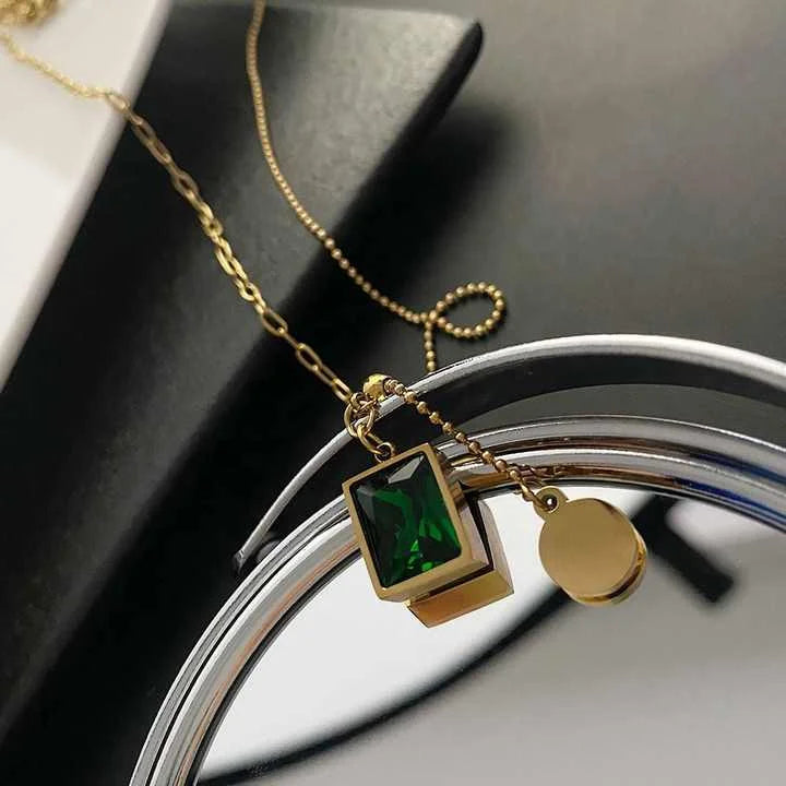 Green Crystal Wafer Square Pendant Necklace – Elegant Sparkle with Modern Charm - Buy Online in Pakistan at Cosmia.pk