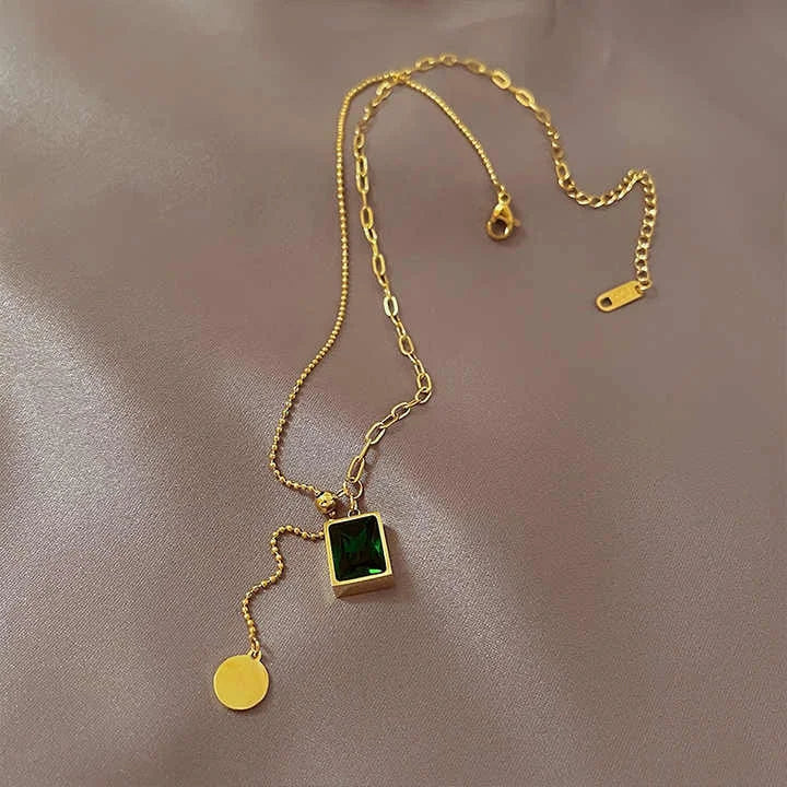 Green Crystal Wafer Square Pendant Necklace – Elegant Sparkle with Modern Charm - Buy Online in Pakistan at Cosmia.pk