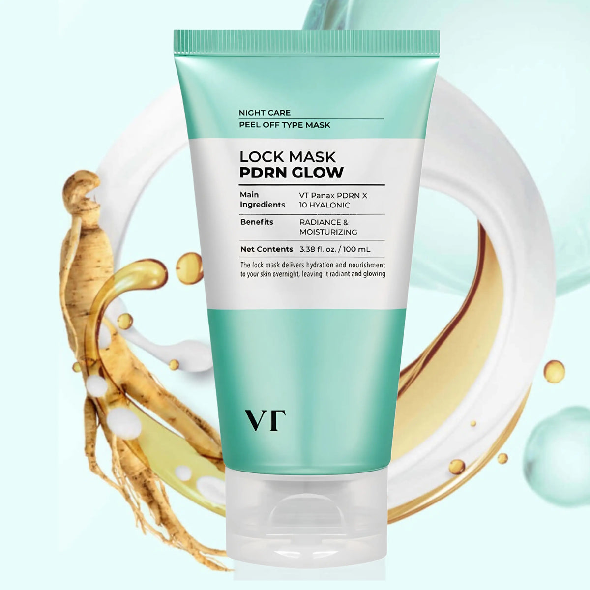 VT Cosmetics Lock Mask PDRN Glow 100ml tube with wild ginseng root - plant based Panax PDRN overnight wrapping mask