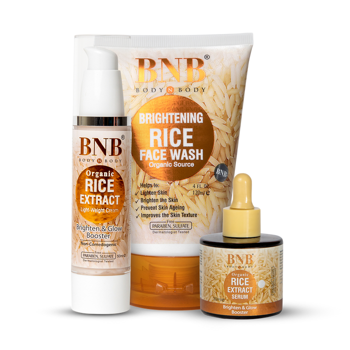 BNB Rice Glow Day Care Essentials (Rice Extract Facewash - 120ml + Rice Extract Cream - 50ml + Rice Extract Serum 30ml) - Buy Online in Pakistan at Cosmia.pk