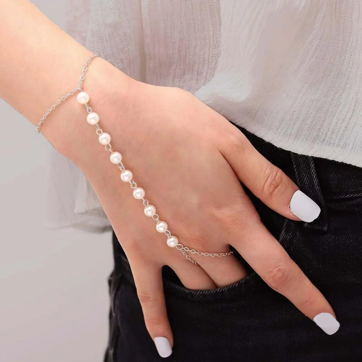 White Pearls Finger Bracelets With Silver Chain - Buy Online in Pakistan at Cosmia.pk