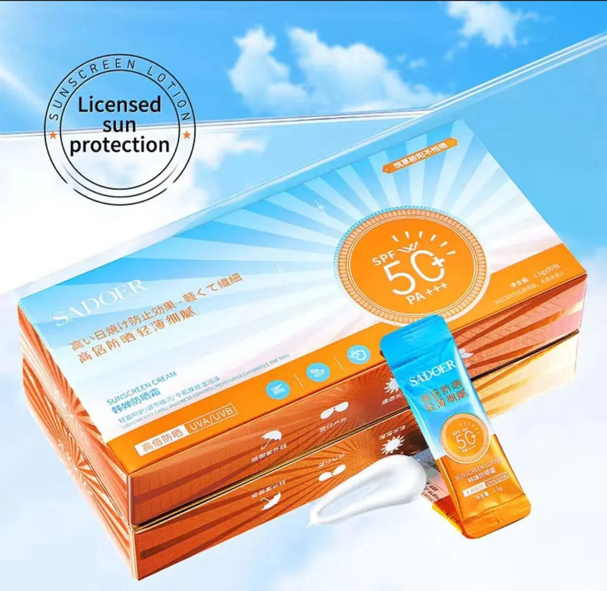 Sadoer SPF50 Sunscreen Cream Pack Of 50 Sachet In Box - Buy Online in Pakistan at Cosmia.pk