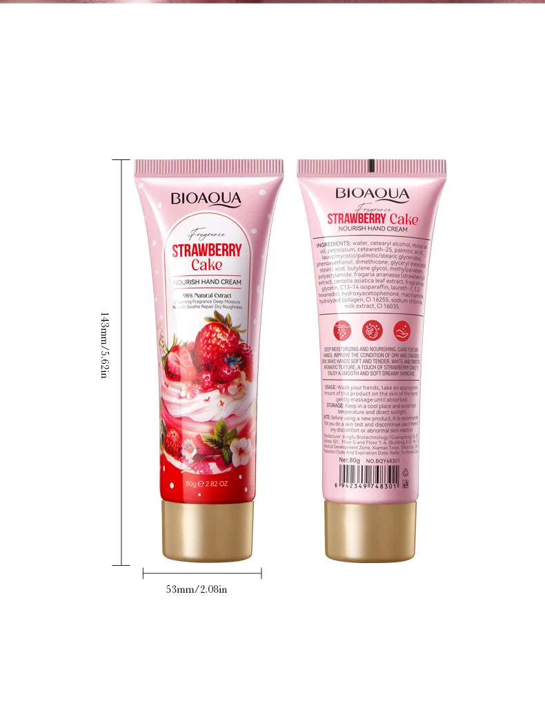 BIOAQUA Strawberry Cake hand cream front and back