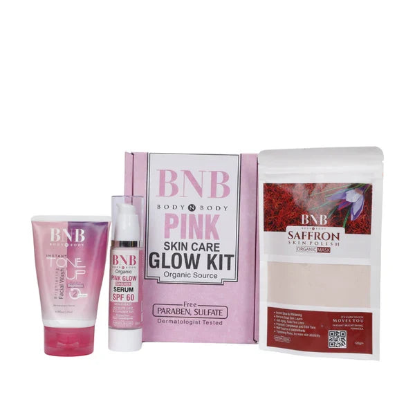 BNB Pink Glow Kit ( Toneup Facewash - 120ml + Saffron Mask - 120gm + Pink Glow Sunscreen Spf 60 - 50gm) - Buy Online in Pakistan at Cosmia.pk