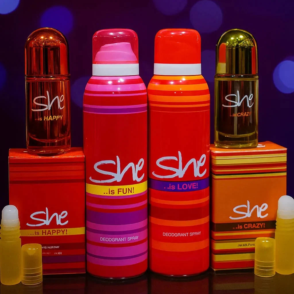 Original SHE Perfume & Body Spray + Non-Alcoholic Attar – Deal of 6 Pcs - Buy Online in Pakistan at Cosmia.pk