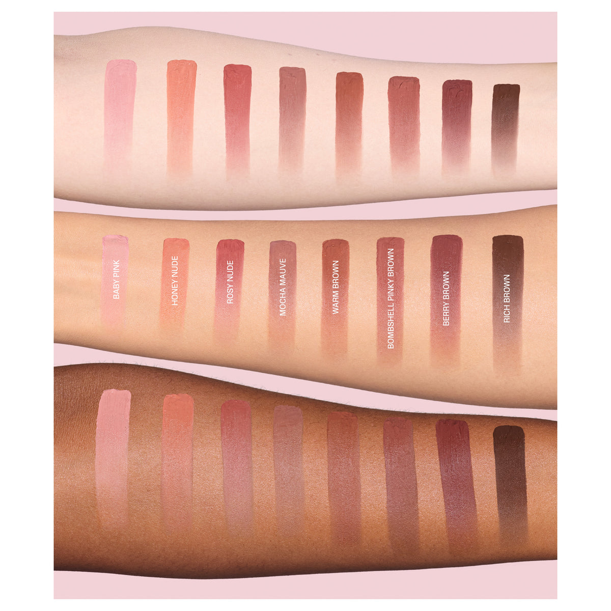 Huda Beauty Liquid Matte Mousse arm swatches - all shades