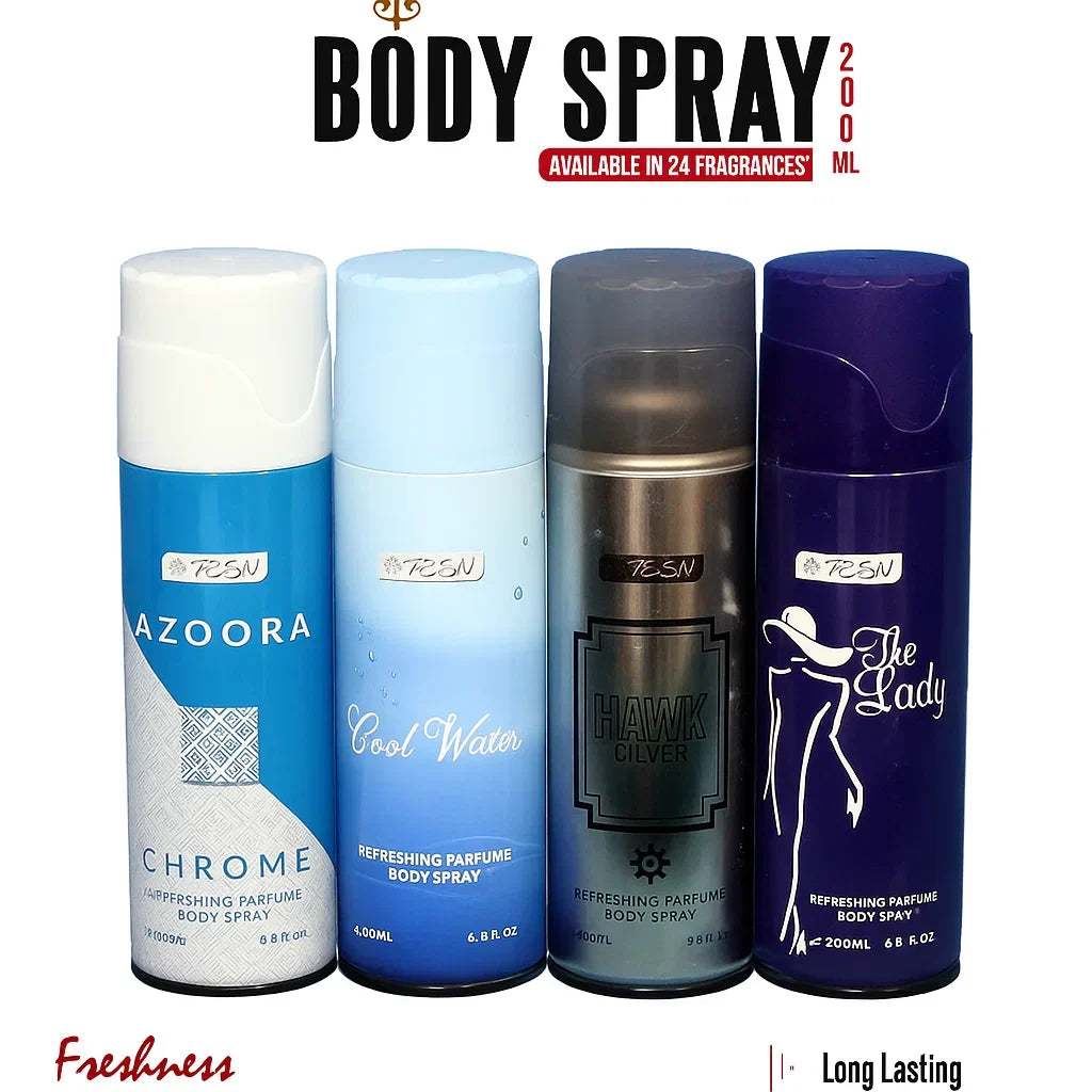 TEZN Body Spray – 4 Pcs Set - Azoora Chrome, Cool Water, Hawk Silver and The Lady - Buy Online in Pakistan at Cosmia.pk