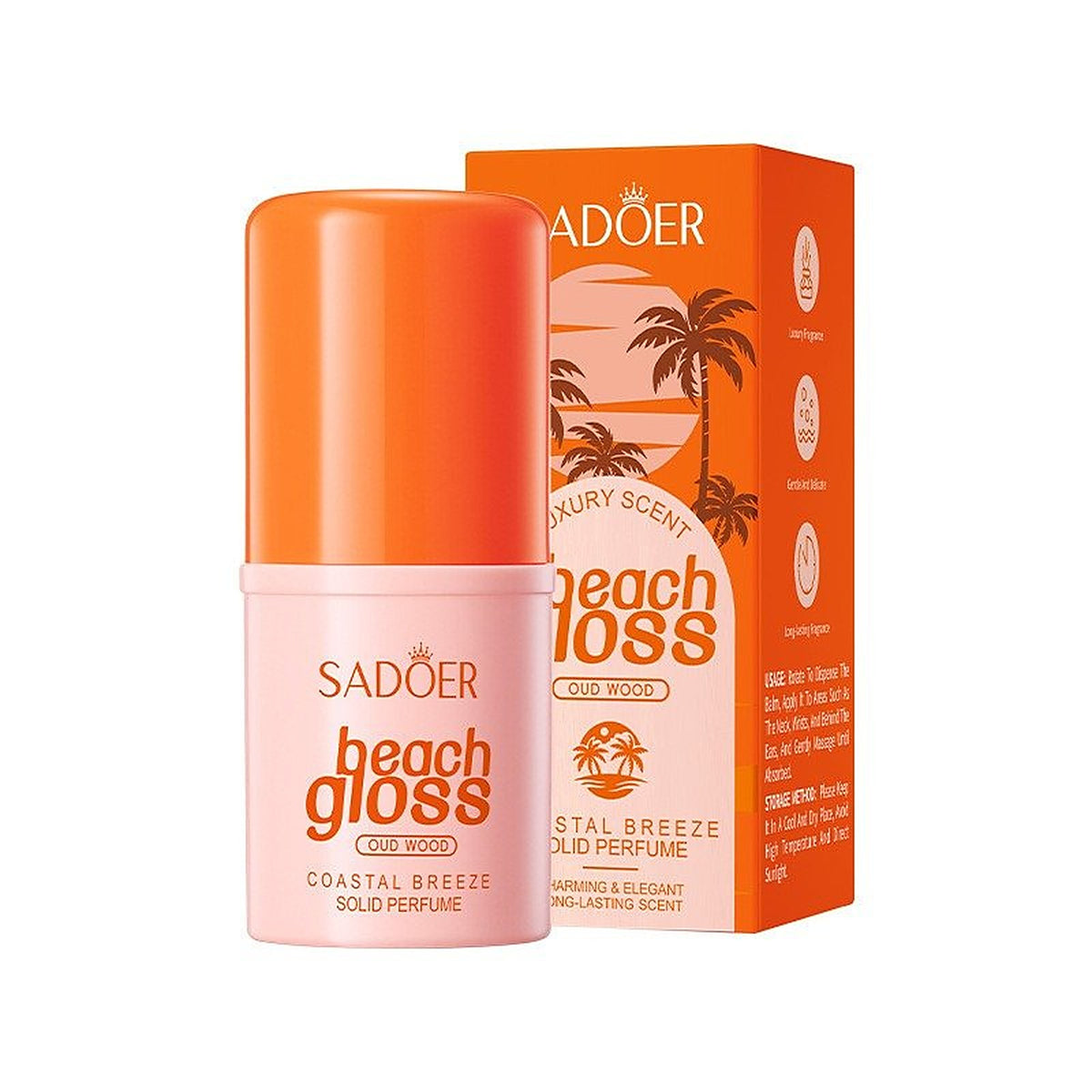 SADOER Beach Gloss Coastal Breeze solid perfume Oud Wood peach stick with box