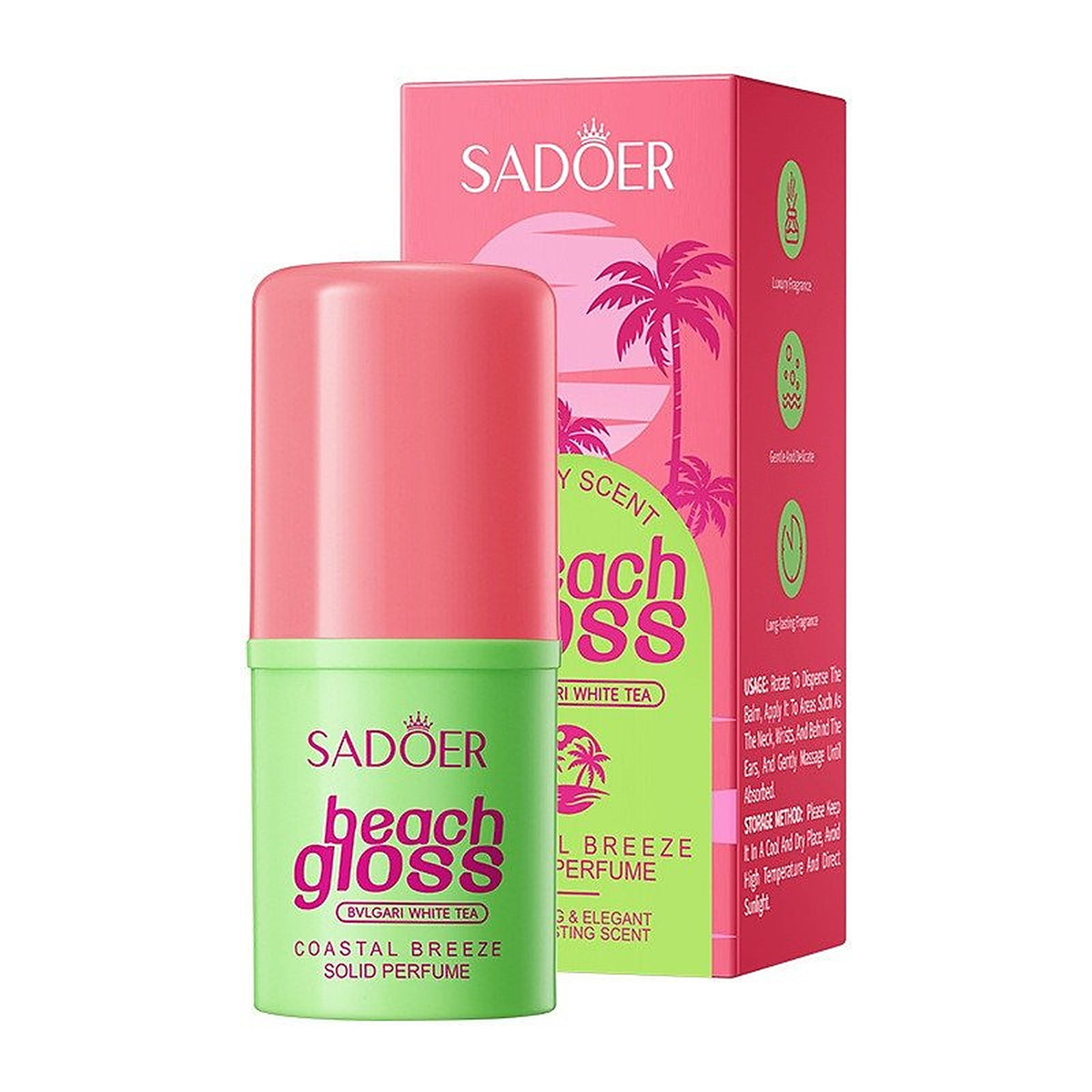 SADOER Beach Gloss Coastal Breeze solid perfume Bvlgari White Tea green stick with box
