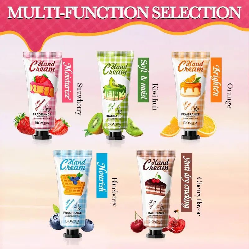 BIOAQUA cake fragrance hand cream set — strawberry, kiwi, orange, blueberry, cherry tubes