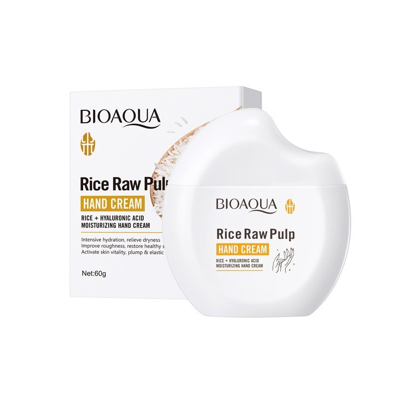 Bioaqua Rice Raw Pulp Hand Cream 60g - jar and box, Rice plus Hyaluronic Acid moisturizing hand cream