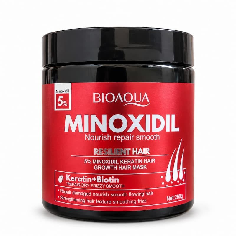 Bioaqua 5% Minoxidil Keratin Hair Growth Hair Mask 260g - black jar with red label