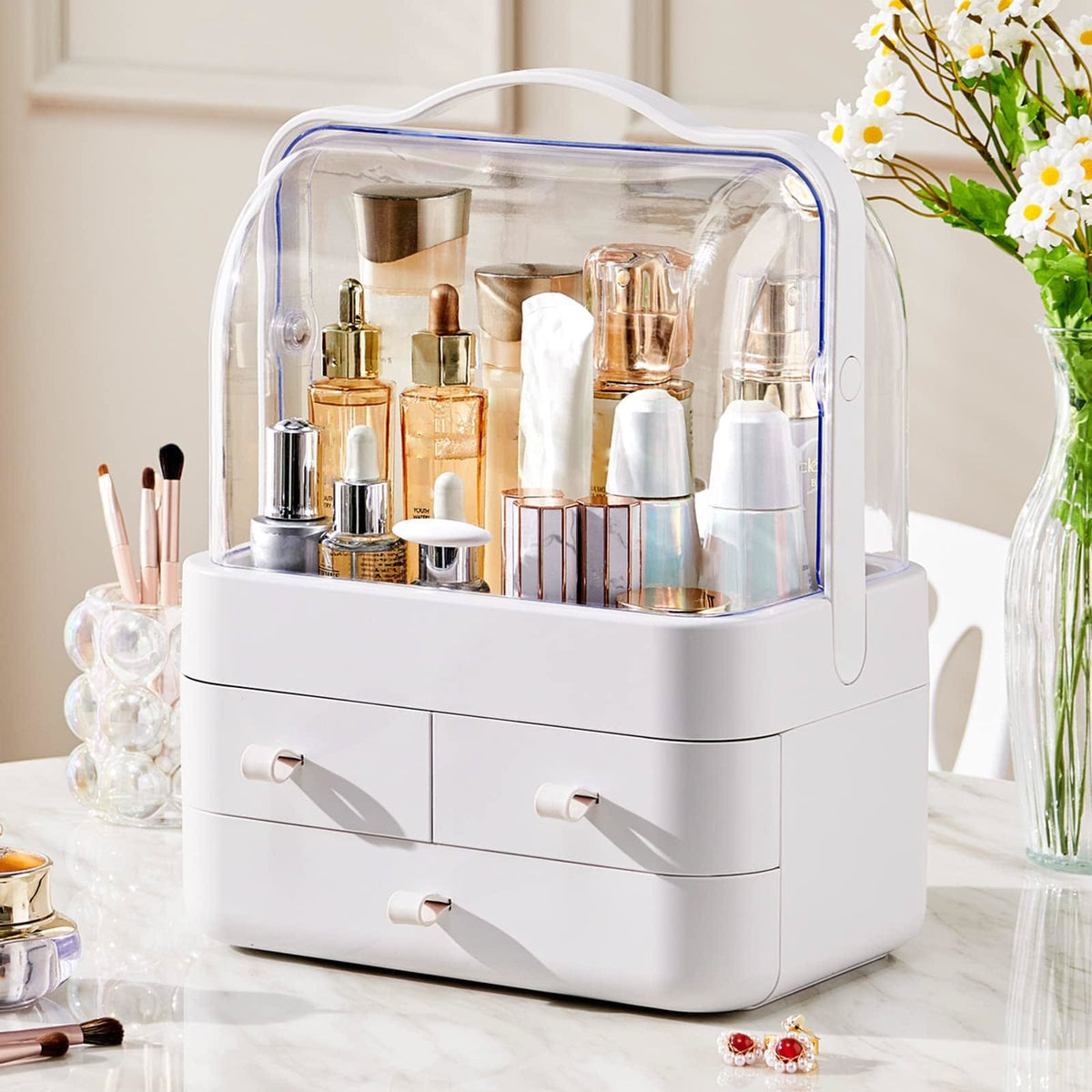 Portable cosmetic storage box white with clear lid - variant White