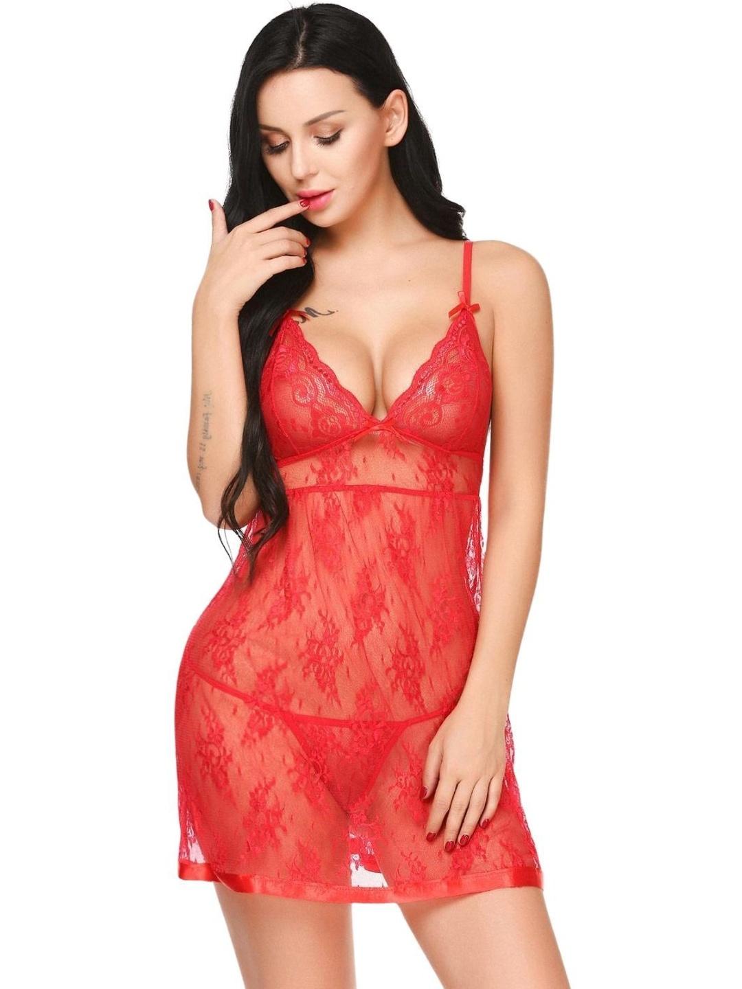 Red sheer mesh lace lingerie - variant RED