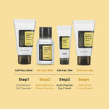 COSRX All About Snail Kit 4 steps with sizes - Step 1 Gel Cleanser 20ml, Step 2 Snail 96 Essence 30ml, Step 3 Peptide Eye Cream 5ml, Step 4 Snail 92 Cream 20g