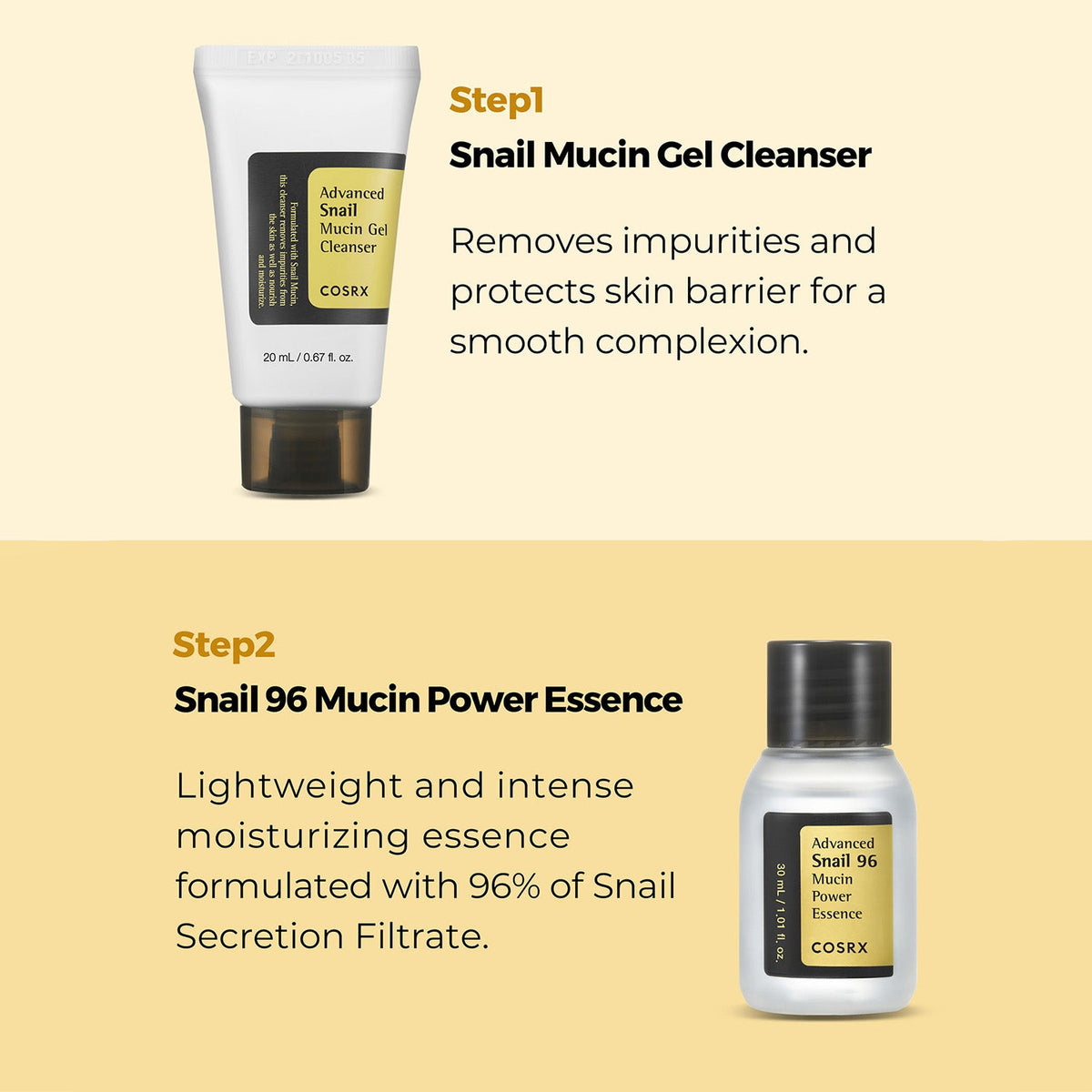 COSRX All About Snail Kit Step 1 Snail Mucin Gel Cleanser 20ml and Step 2 Snail 96 Mucin Power Essence 30ml details