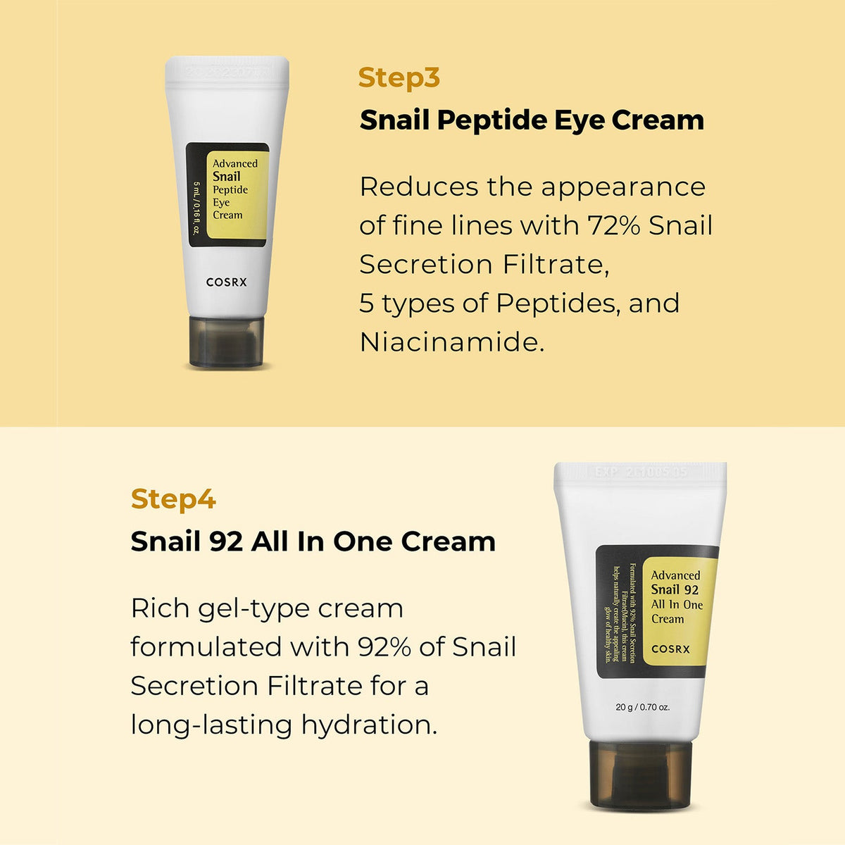 COSRX All About Snail Kit Step 3 Snail Peptide Eye Cream 5ml and Step 4 Snail 92 All In One Cream 20g details