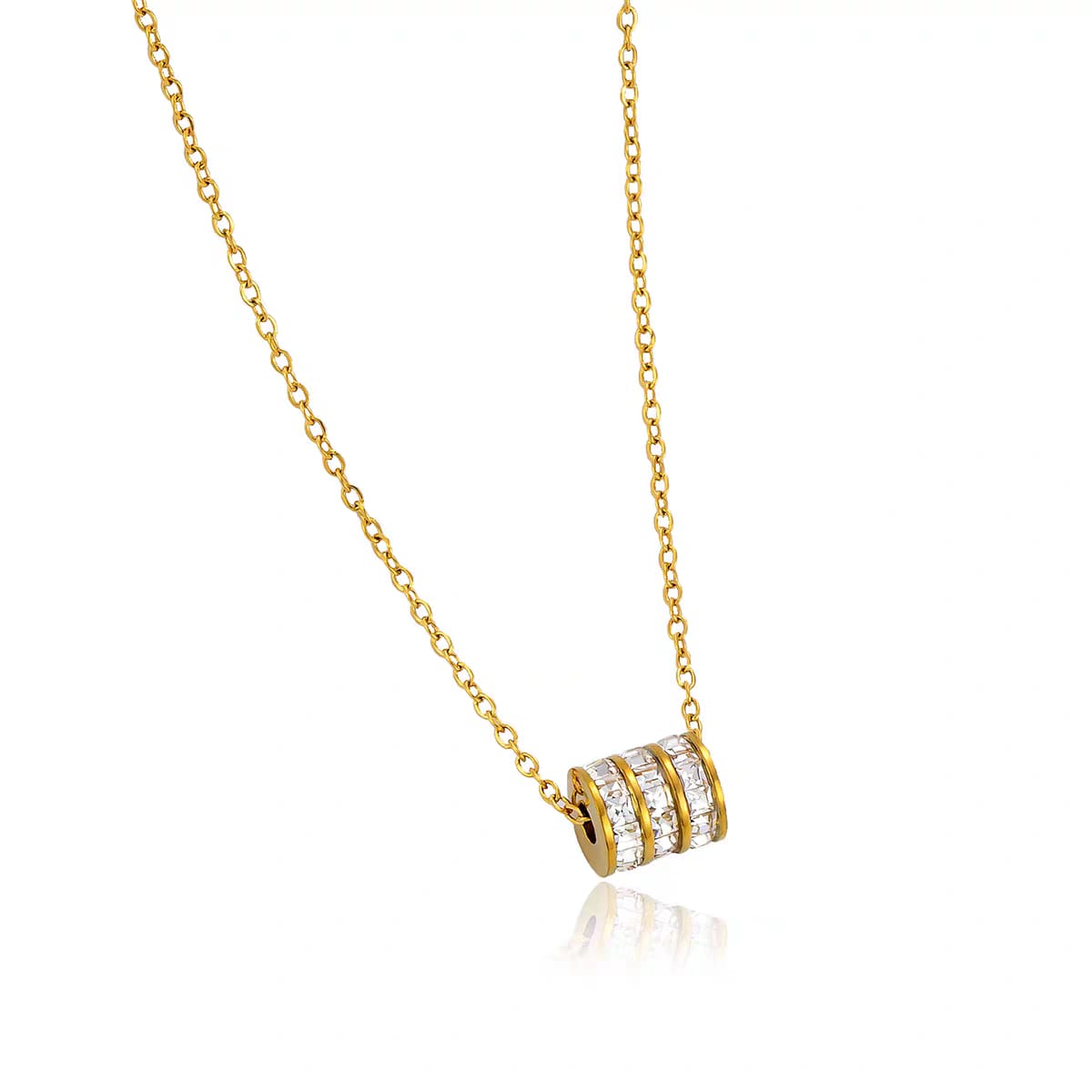 Cylinder zirconia pendant necklace on gold chain - pendant closeup