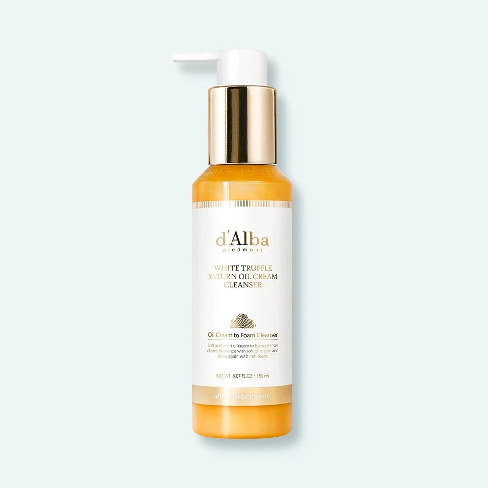 d'Alba White Truffle Return Oil Cream Cleanser 150ml professional packshot bottle on pale background