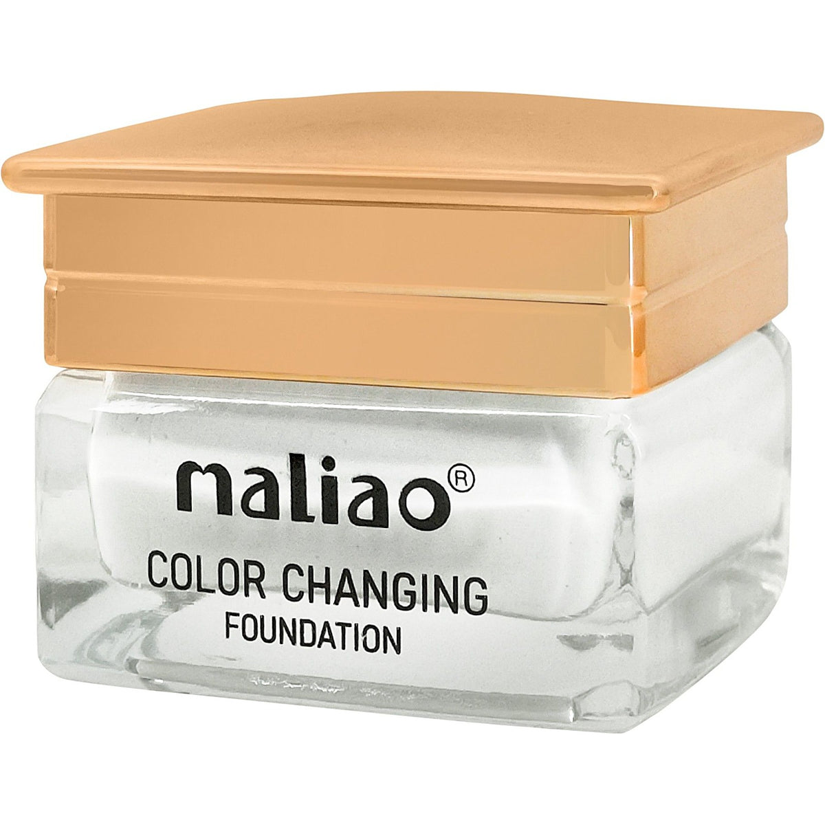 Maliao Color Changing Foundation glass jar with gold lid front view