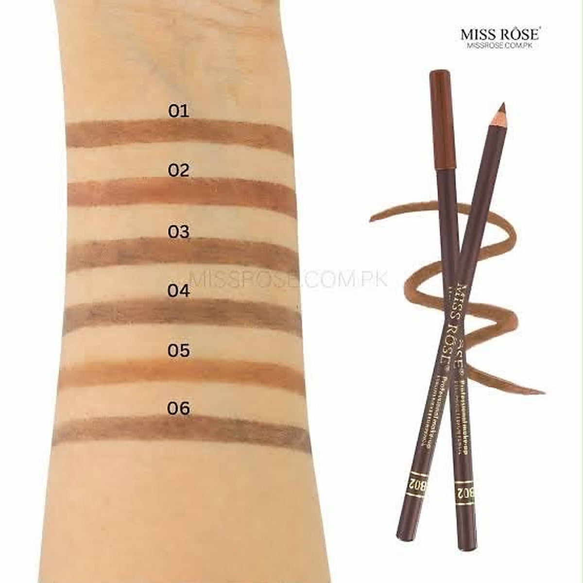 Miss Rose Eyeliner Eyebrow Pencil official swatch chart shades 01 to 06 with brown pencils