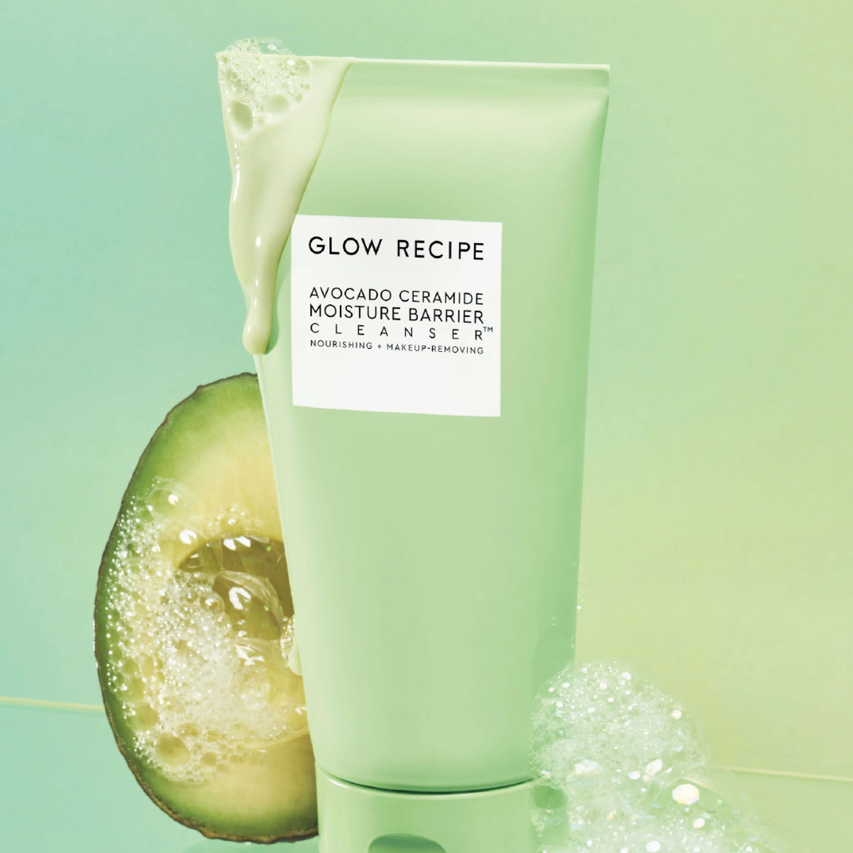 Glow Recipe Avocado Ceramide Moisture Barrier Cleanser 150ml — official hero shot with cleanser texture and avocado