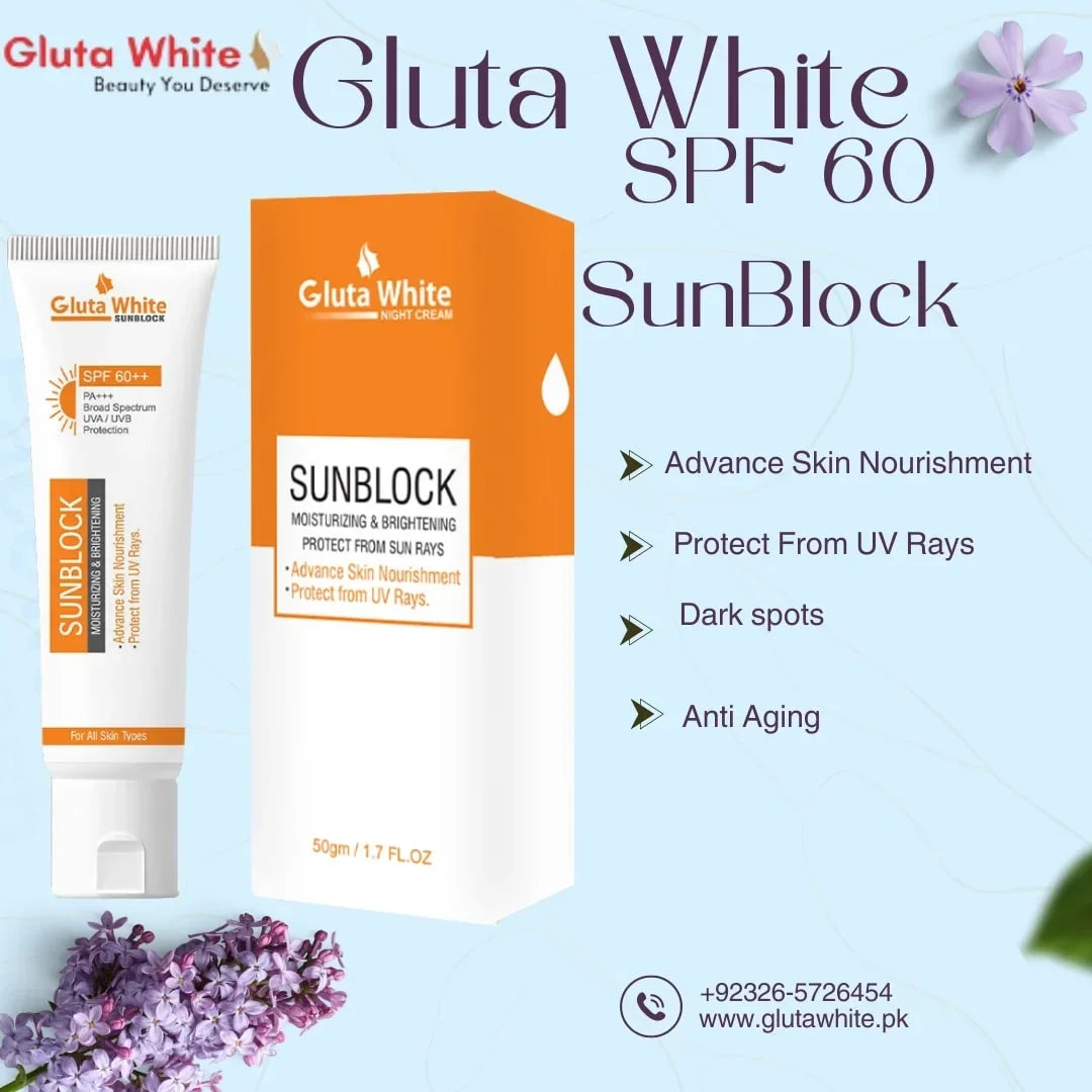 Gluta White Sun Block SPF-60 – 50gm - Buy Online in Pakistan at Cosmia.pk