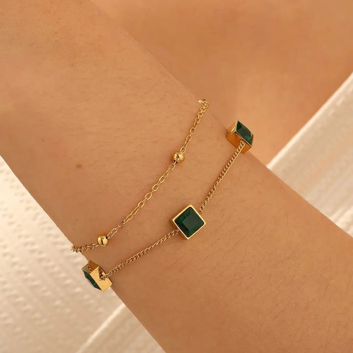316L stainless steel green crystal cube charm bracelet on wrist