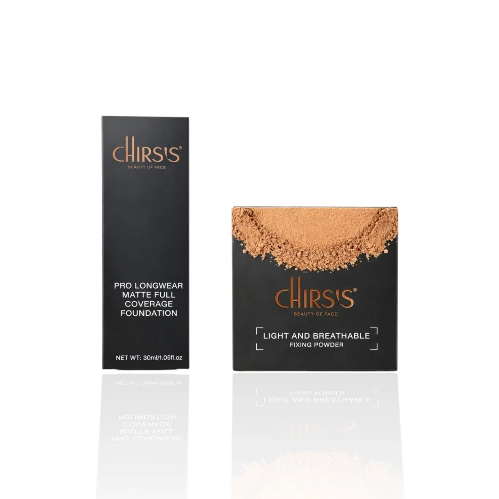 Chirs's Pro Longwear Matte Full Coverage Foundation 30ml box with Light and Breathable Fixing Powder box