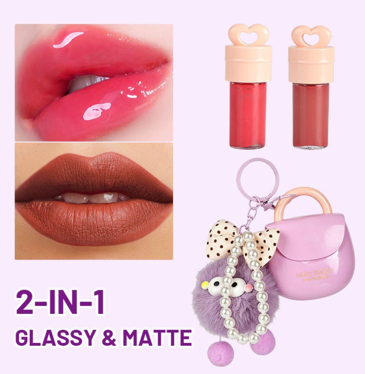 Hues Queen mini bag lip gloss Purple variant with fuzzy ball keychain