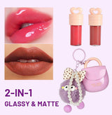 Hues Queen mini bag lip gloss Purple variant with fuzzy ball keychain