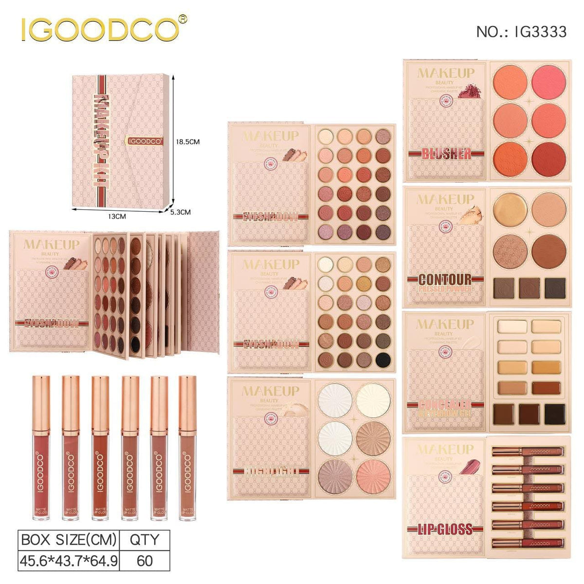 IGOODCO 7 Fold Makeup Kit model IG3333 - eyeshadow, blusher, contour, concealer, highlight, lip gloss and 6 matte lip glosses