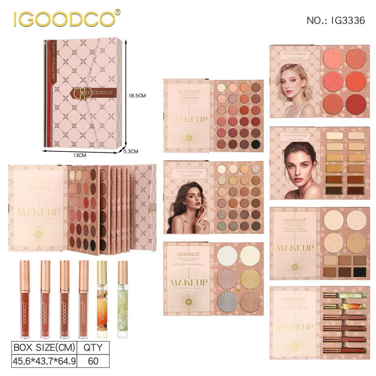 IGOODCO 7 Fold Makeup Kit model IG3336 Artistic Makeup - eyeshadow, face color, pressed powder, eyebrow powder, highlight, contour, lip gloss and perfume