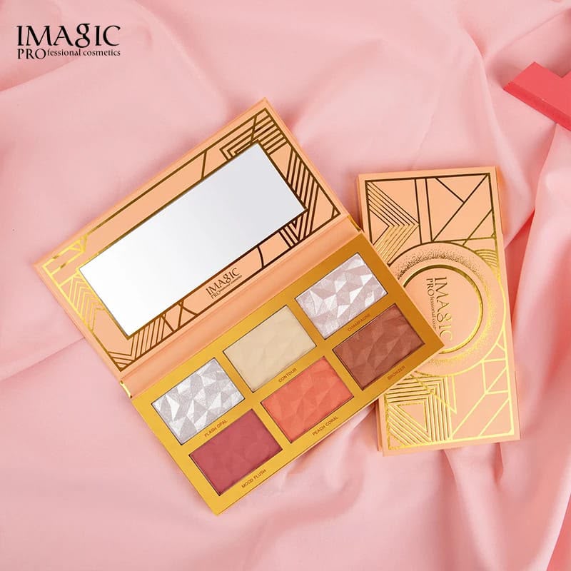 IMAGIC 6 Color Face Palette styled product photography on pink silk