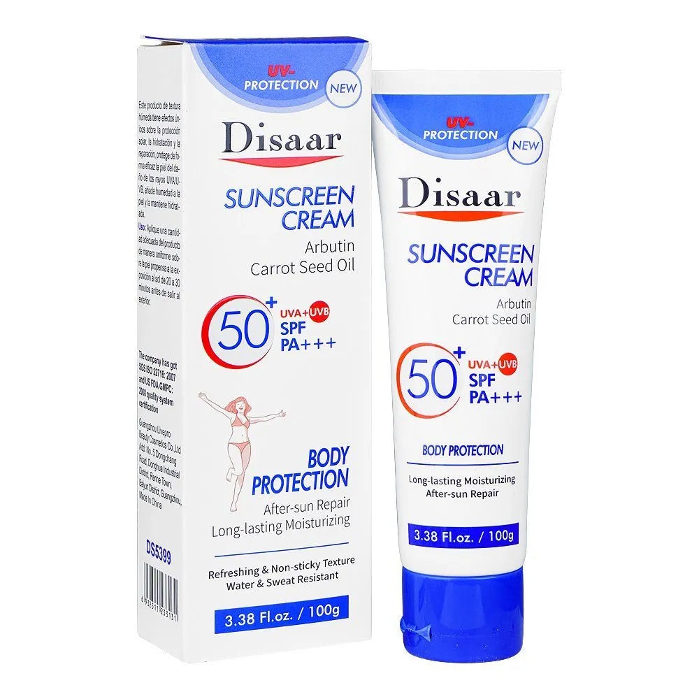 Disaar Arbutin Carrot Seed Oil Sunscreen Cream SPF50 - 100g - Buy Online in Pakistan at Cosmia.pk
