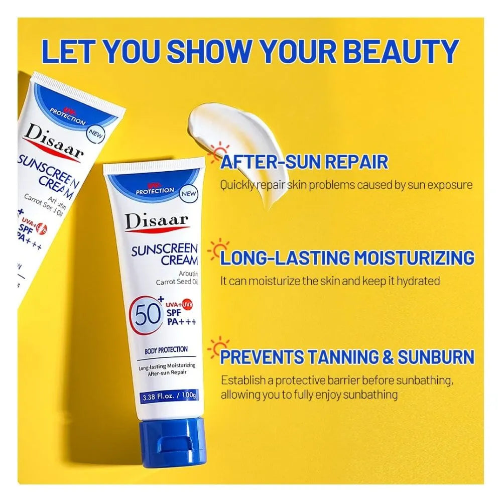 Disaar Arbutin Carrot Seed Oil Sunscreen Cream SPF50 - 100g - Buy Online in Pakistan at Cosmia.pk