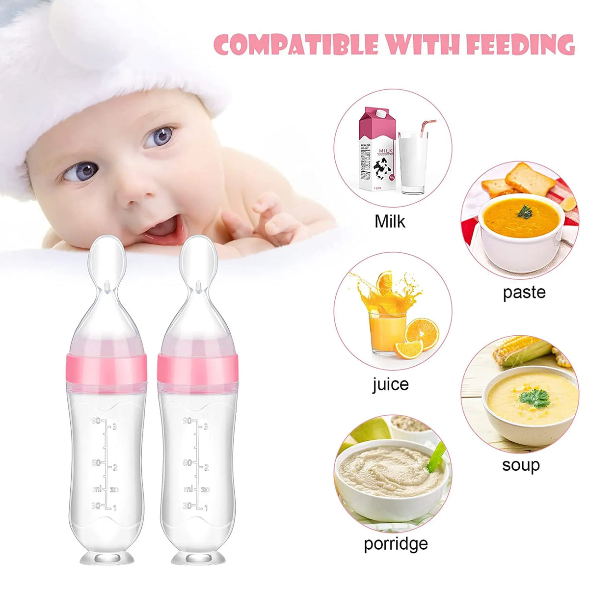 Silicone Baby Feeder Squeeze Feeding Bottle With Spoon - 90ml - Buy Online in Pakistan at Cosmia.pk